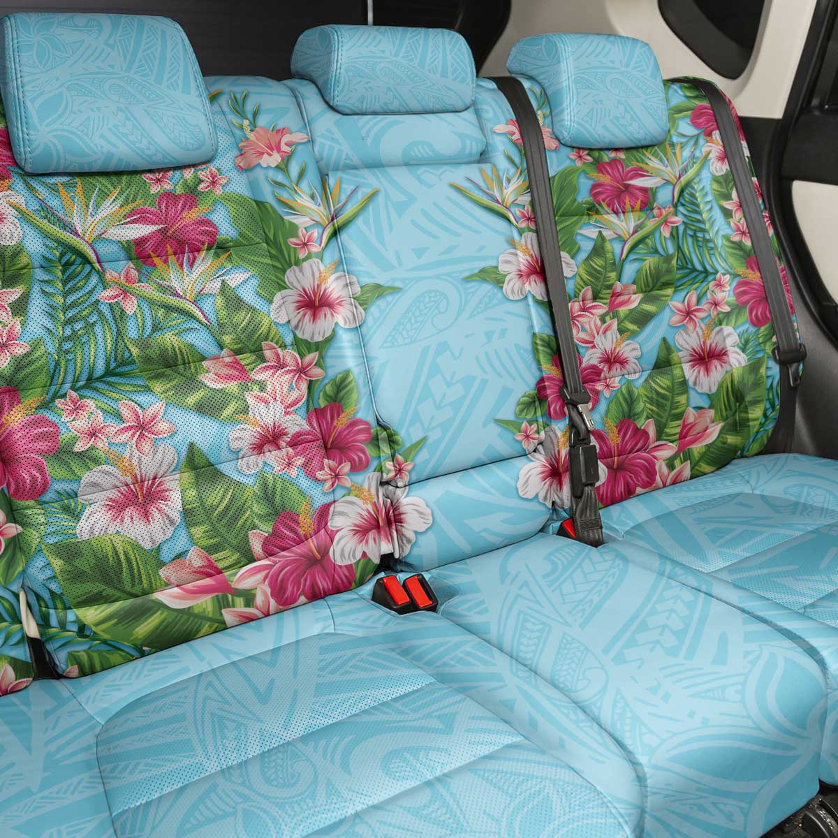 Hawaii Tropical Flowers Back Car Seat Cover Sky Blue Polynesian Tattoo Art LT05 - Polynesian Pride