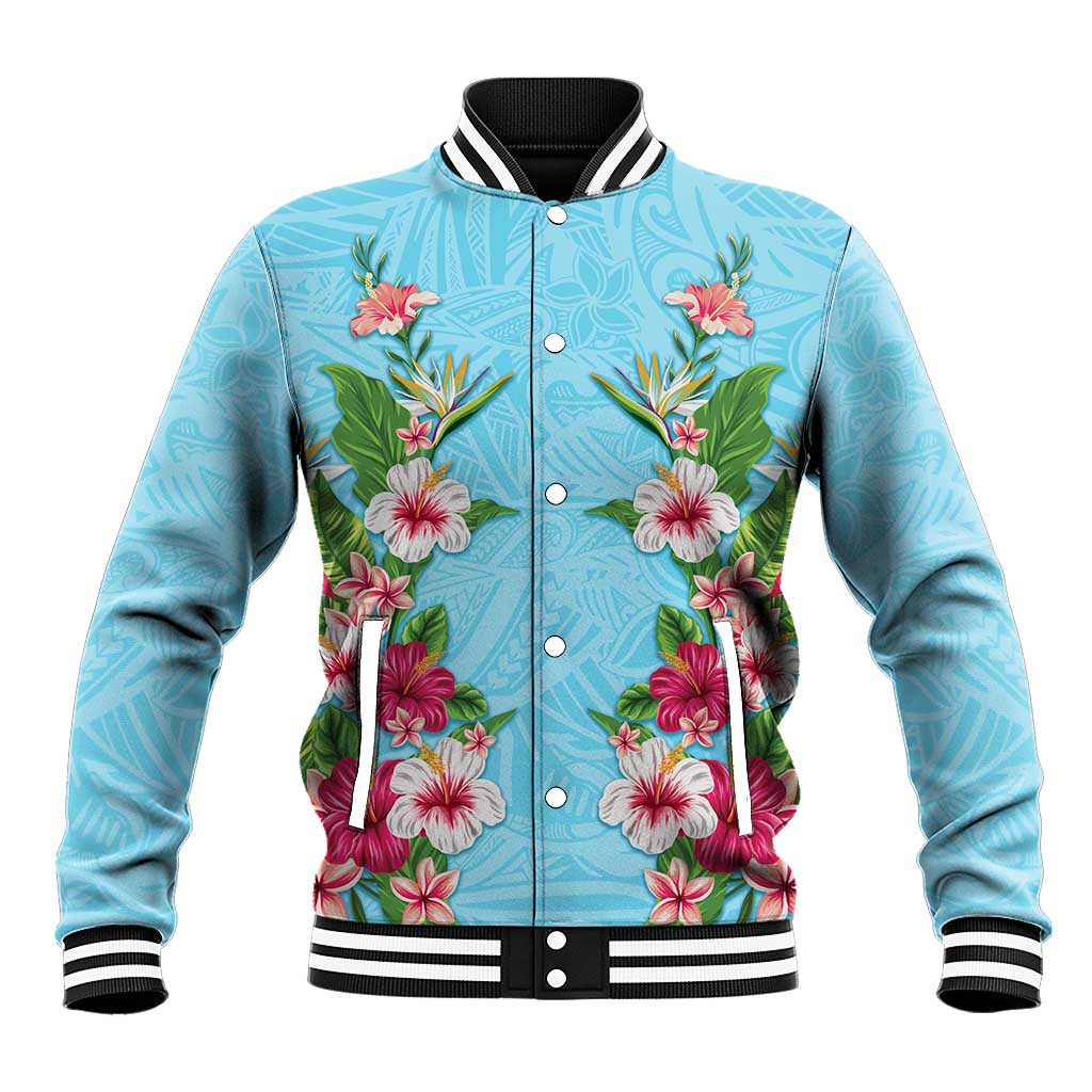 Hawaii Tropical Flowers Baseball Jacket Sky Blue Polynesian Tattoo Art LT05 Unisex Blue - Polynesian Pride