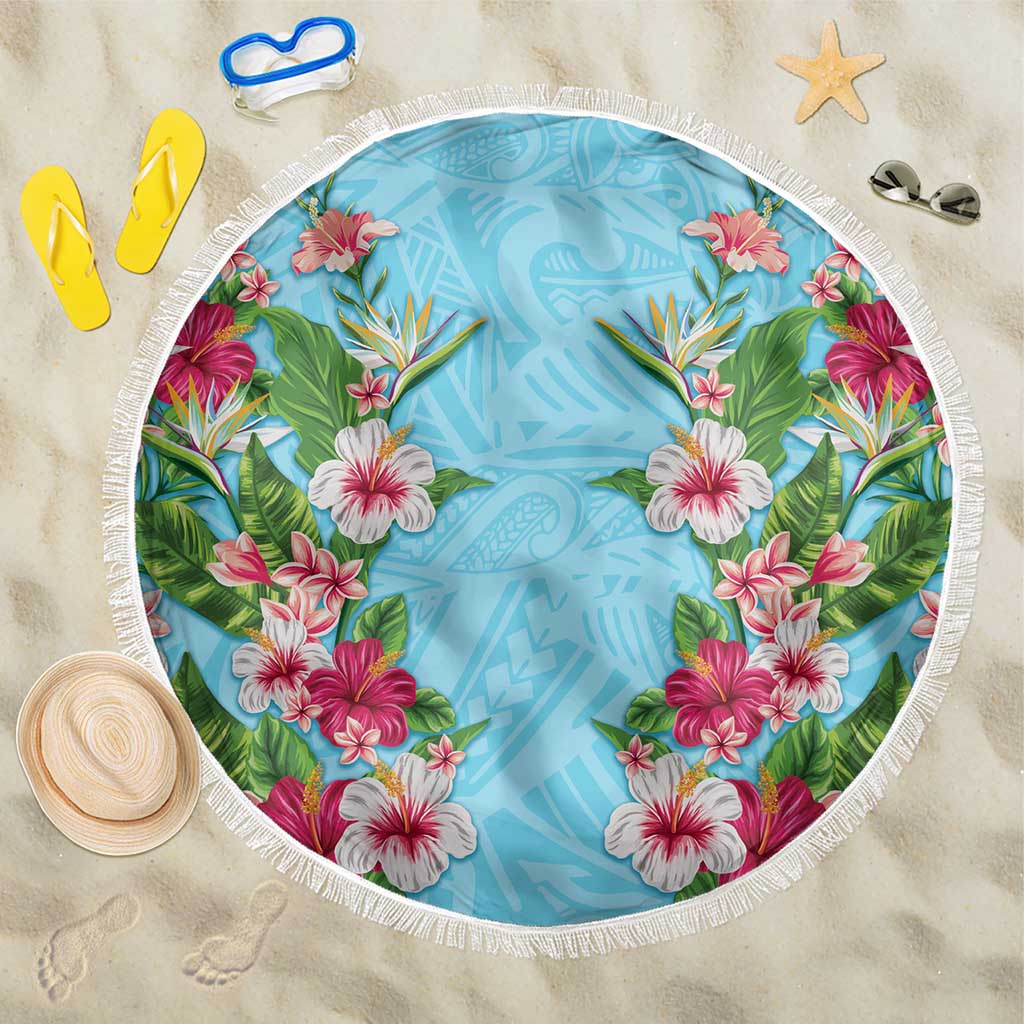 Hawaii Tropical Flowers Beach Blanket Sky Blue Polynesian Tattoo Art LT05 One Size 150cm Blue - Polynesian Pride