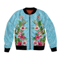 Hawaii Tropical Flowers Bomber Jacket Sky Blue Polynesian Tattoo Art LT05 Unisex Blue - Polynesian Pride