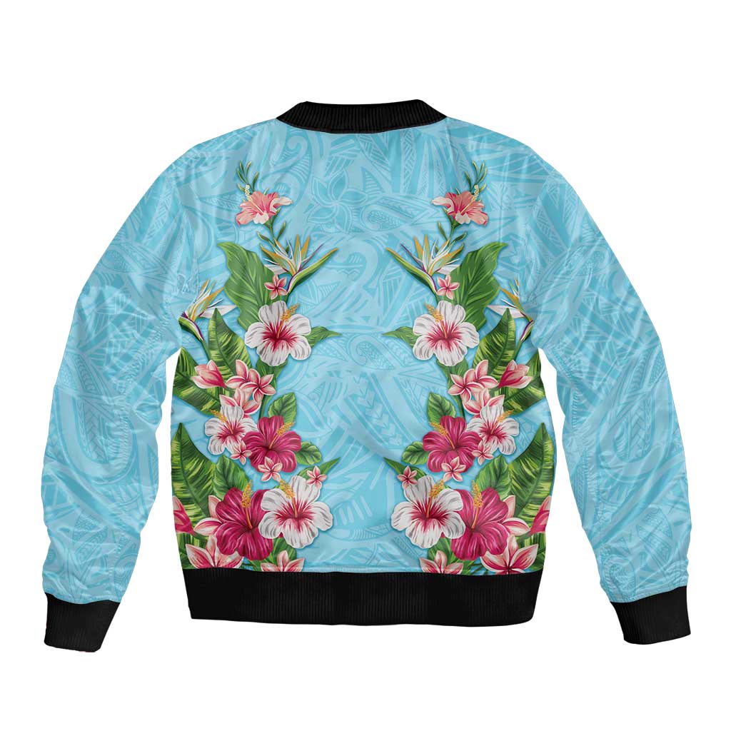 Hawaii Tropical Flowers Bomber Jacket Sky Blue Polynesian Tattoo Art LT05 - Polynesian Pride