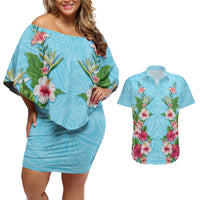 Hawaii Tropical Flowers Couples Matching Off Shoulder Short Dress and Hawaiian Shirt Sky Blue Polynesian Tattoo Art