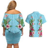 Hawaii Tropical Flowers Couples Matching Off Shoulder Short Dress and Hawaiian Shirt Sky Blue Polynesian Tattoo Art