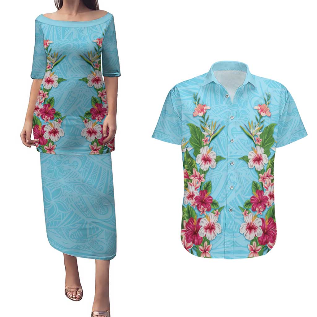 Hawaii Tropical Flowers Couples Matching Puletasi and Hawaiian Shirt Sky Blue Polynesian Tattoo Art