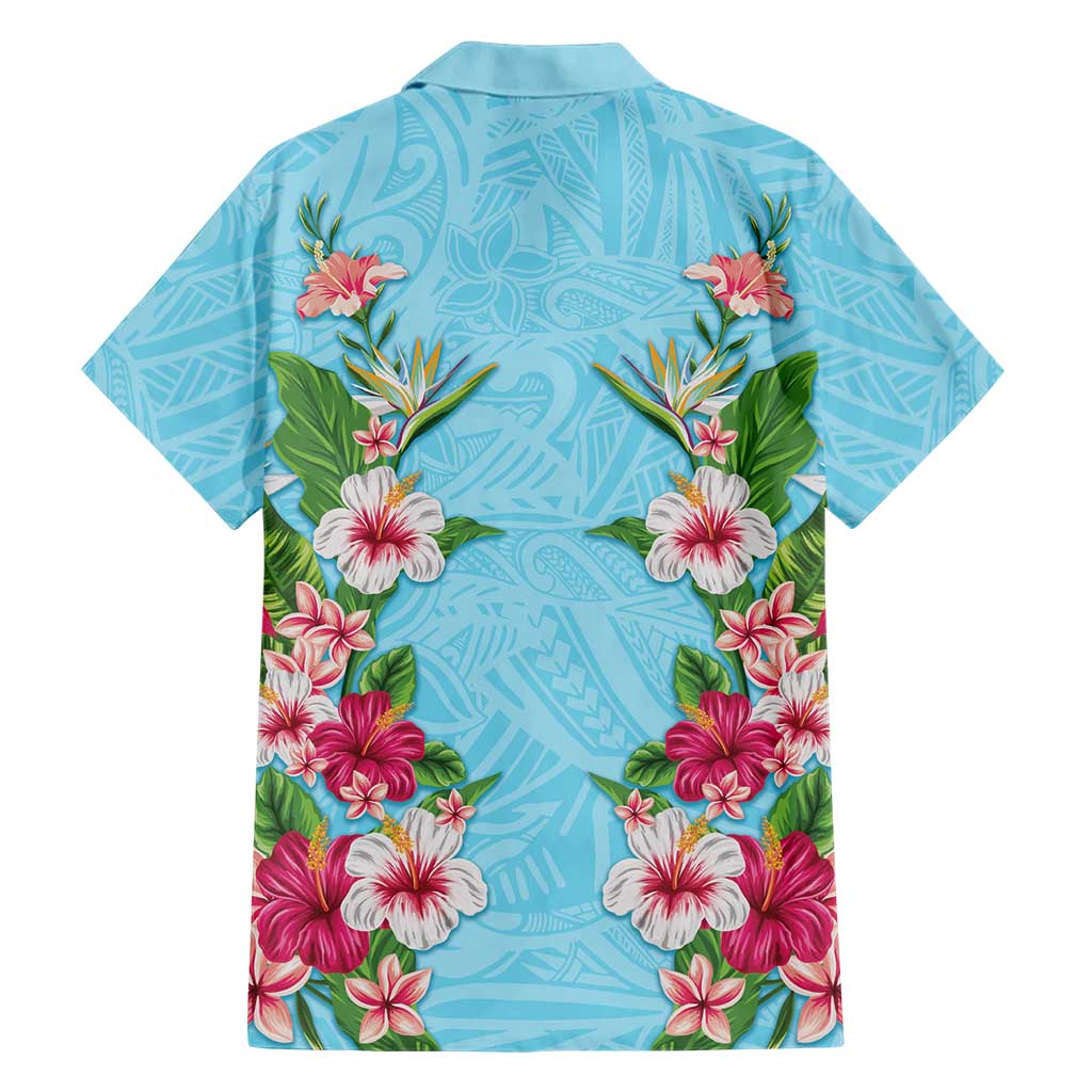 Hawaii Tropical Flowers Family Matching Long Sleeve Bodycon Dress and Hawaiian Shirt Sky Blue Polynesian Tattoo Art LT05 - Polynesian Pride