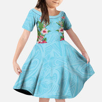 Hawaii Tropical Flowers Family Matching Off The Shoulder Long Sleeve Dress and Hawaiian Shirt Sky Blue Polynesian Tattoo Art LT05 Daughter's Dress Blue - Polynesian Pride