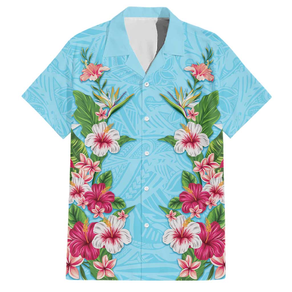 Hawaii Tropical Flowers Family Matching Off Shoulder Short Dress and Hawaiian Shirt Sky Blue Polynesian Tattoo Art LT05 Dad's Shirt - Short Sleeve Blue - Polynesian Pride