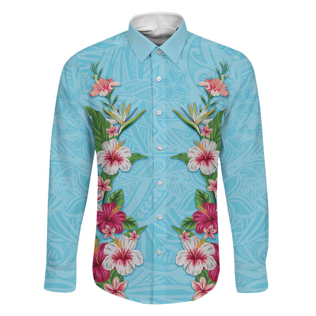 Hawaii Tropical Flowers Family Matching Off Shoulder Short Dress and Hawaiian Shirt Sky Blue Polynesian Tattoo Art LT05 Dad's Shirt - Long Sleeve Blue - Polynesian Pride