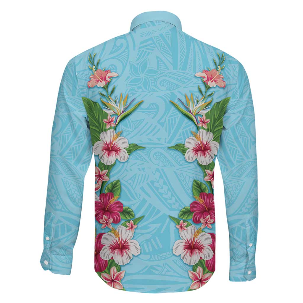 Hawaii Tropical Flowers Family Matching Puletasi and Hawaiian Shirt Sky Blue Polynesian Tattoo Art LT05 - Polynesian Pride