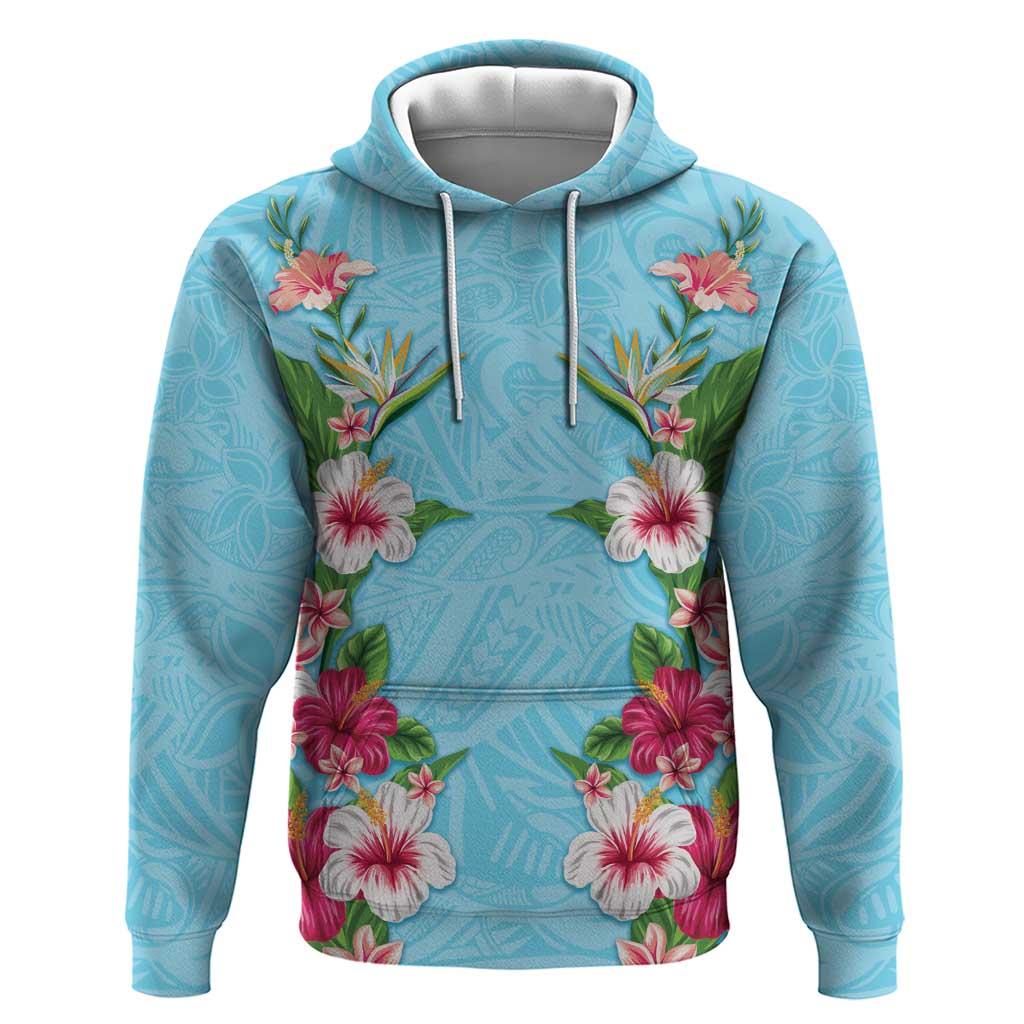 Hawaii Tropical Flowers Hoodie Sky Blue Polynesian Tattoo Art LT05 Pullover Hoodie Blue - Polynesian Pride