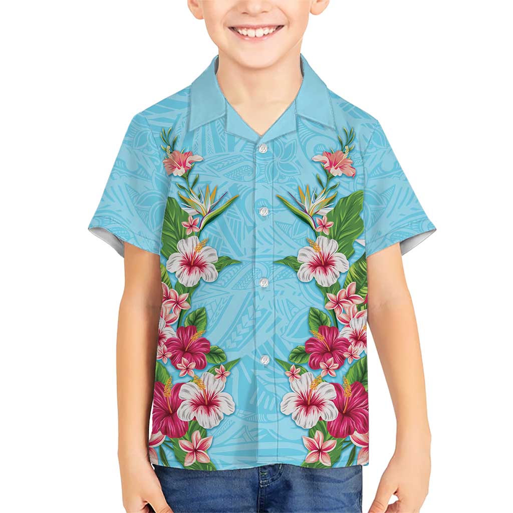 Hawaii Tropical Flowers Kid Hawaiian Shirt Sky Blue Polynesian Tattoo Art