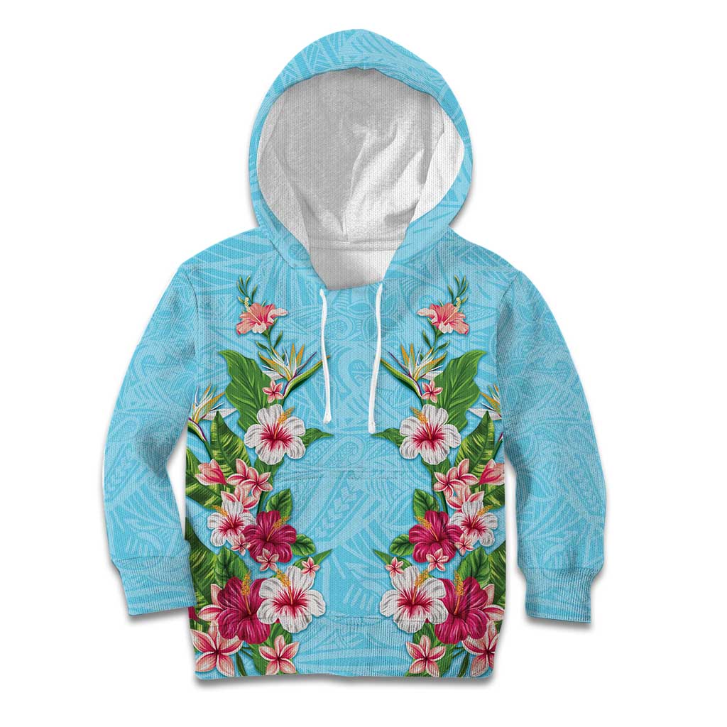 Hawaii Tropical Flowers Kid Hoodie Sky Blue Polynesian Tattoo Art LT05 Hoodie Blue - Polynesian Pride