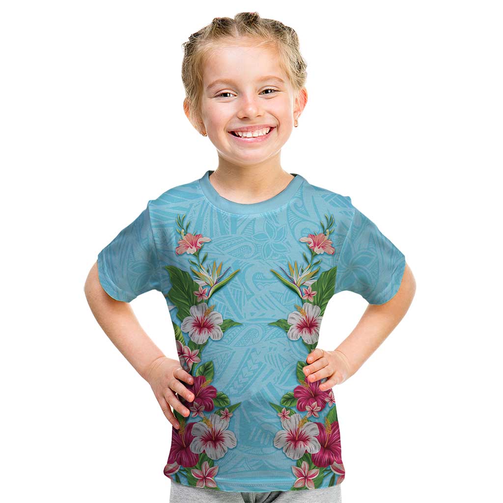 Hawaii Tropical Flowers Kid T Shirt Sky Blue Polynesian Tattoo Art LT05 Blue - Polynesian Pride