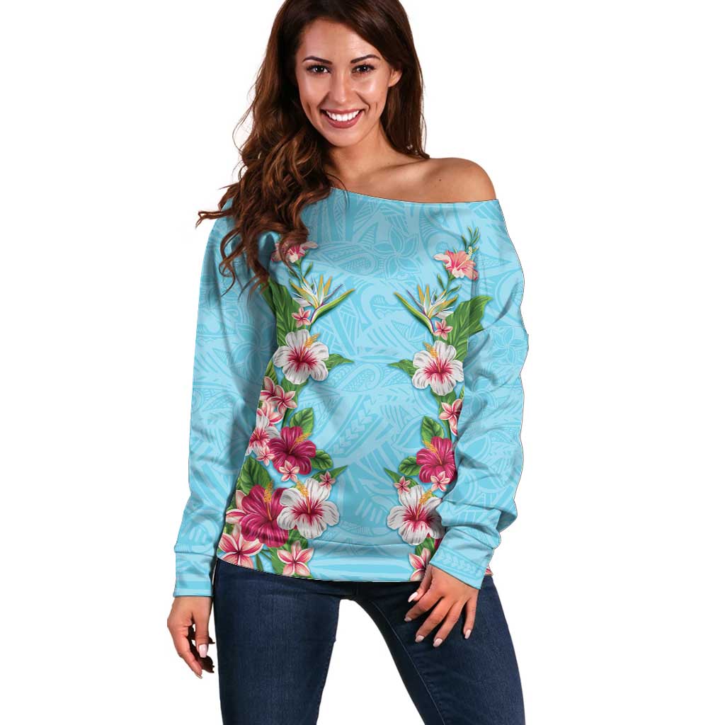 Hawaii Tropical Flowers Off Shoulder Sweater Sky Blue Polynesian Tattoo Art
