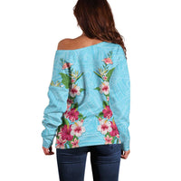 Hawaii Tropical Flowers Off Shoulder Sweater Sky Blue Polynesian Tattoo Art LT05 - Polynesian Pride