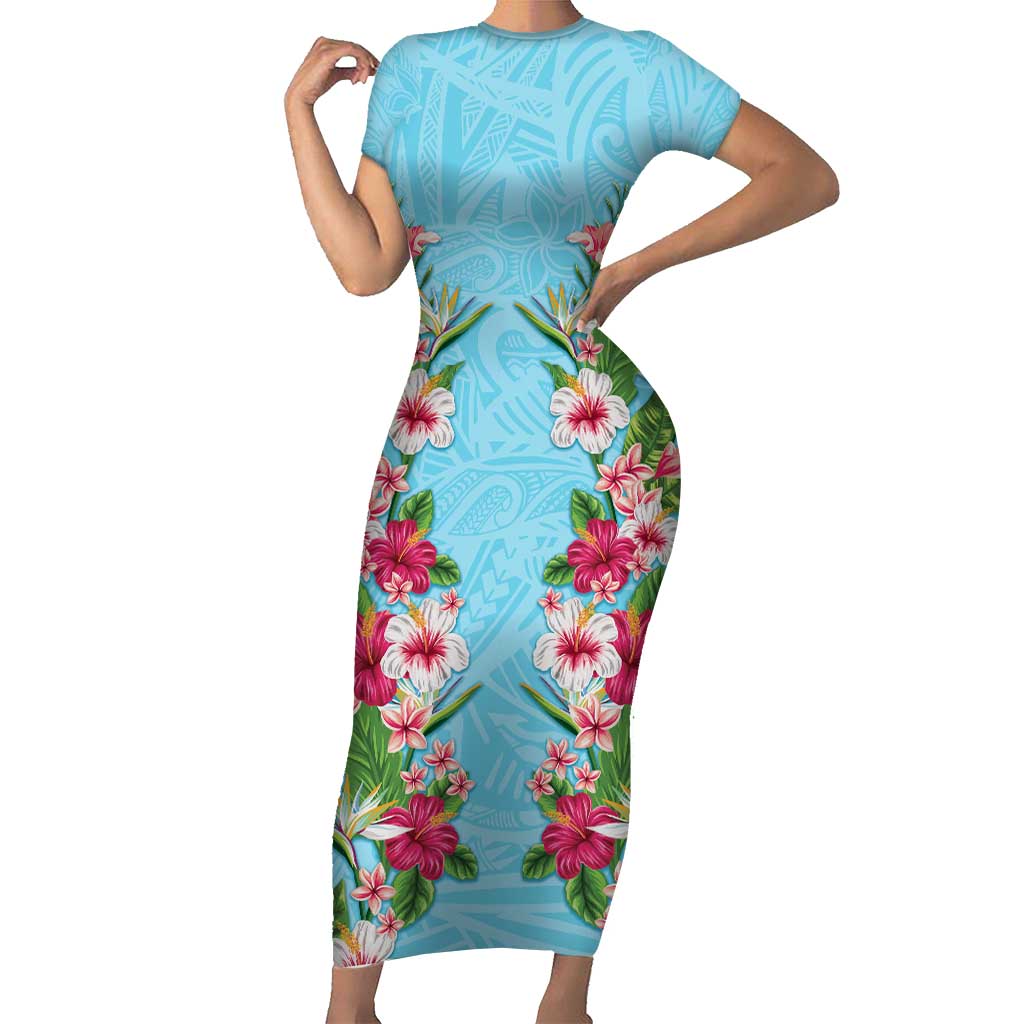 Hawaii Tropical Flowers Short Sleeve Bodycon Dress Sky Blue Polynesian Tattoo Art LT05 Long Dress Blue - Polynesian Pride