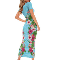 Hawaii Tropical Flowers Short Sleeve Bodycon Dress Sky Blue Polynesian Tattoo Art LT05 - Polynesian Pride