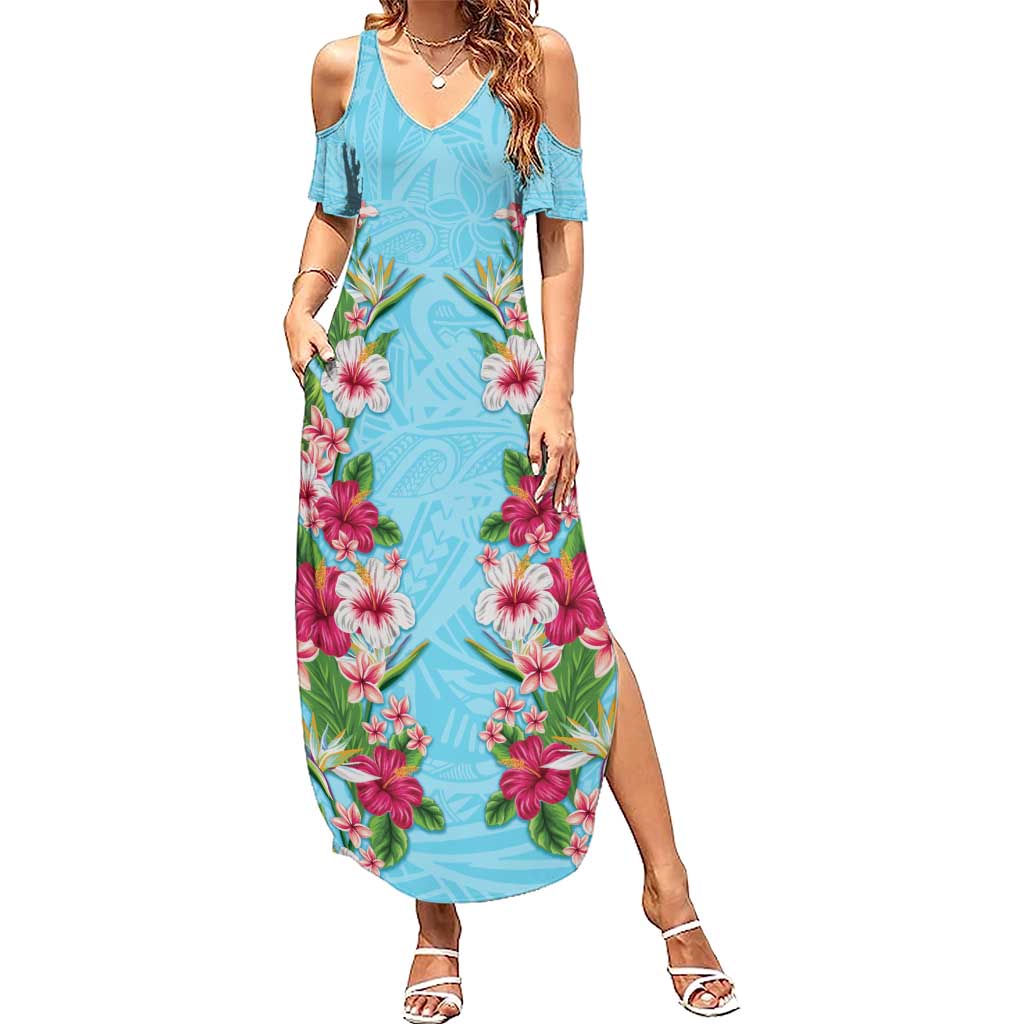 Hawaii Tropical Flowers Summer Maxi Dress Sky Blue Polynesian Tattoo Art LT05 Women Blue - Polynesian Pride