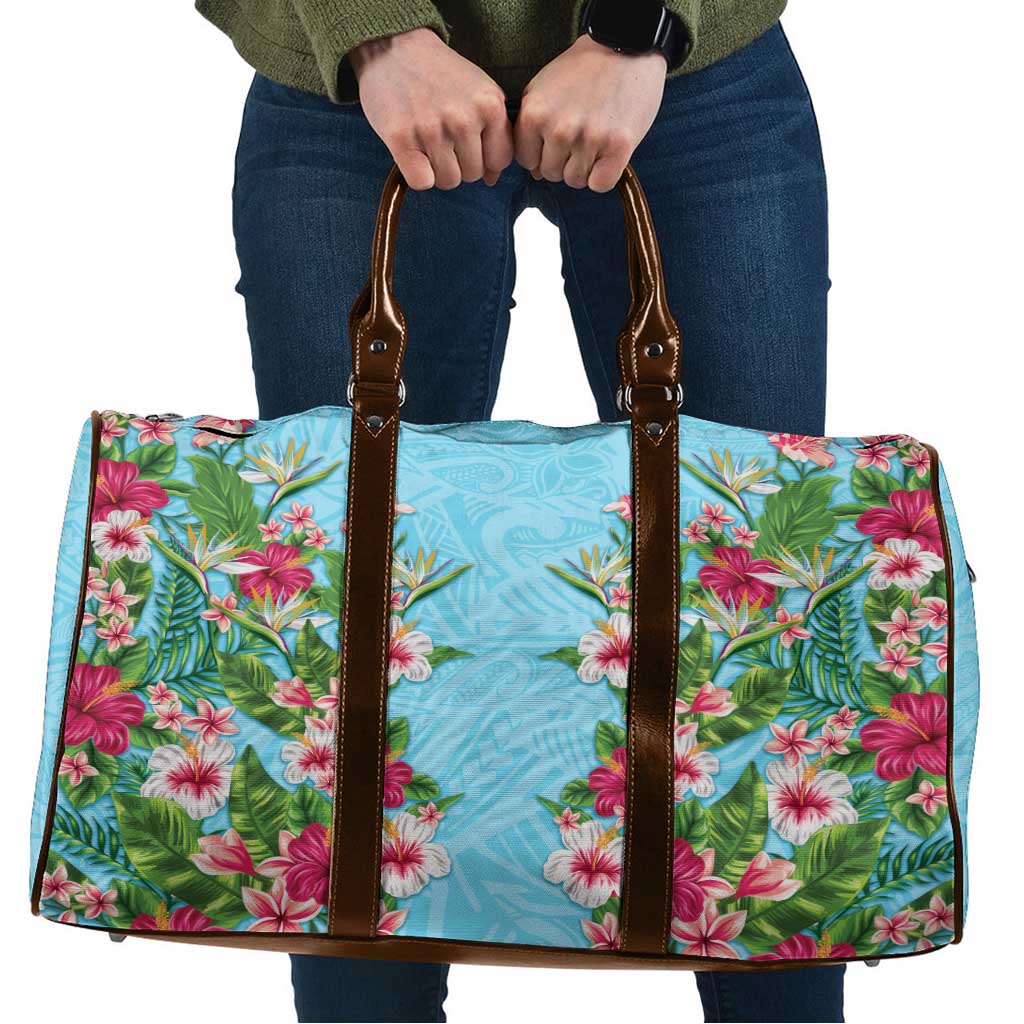 Hawaii Tropical Flowers Travel Bag Sky Blue Polynesian Tattoo Art LT05 Blue - Polynesian Pride