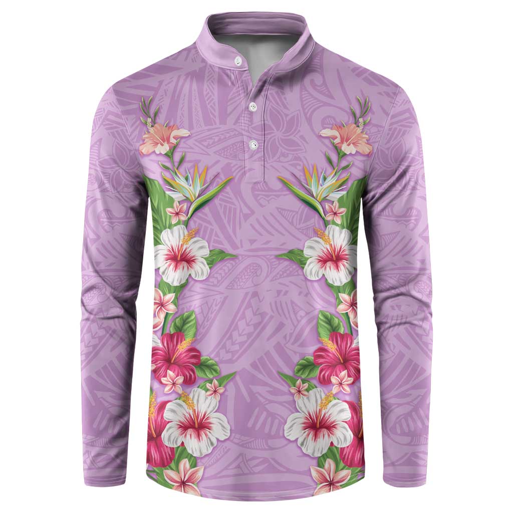 Hawaii Tropical Flowers Button Sweatshirt Lavender Polynesian Tattoo Art