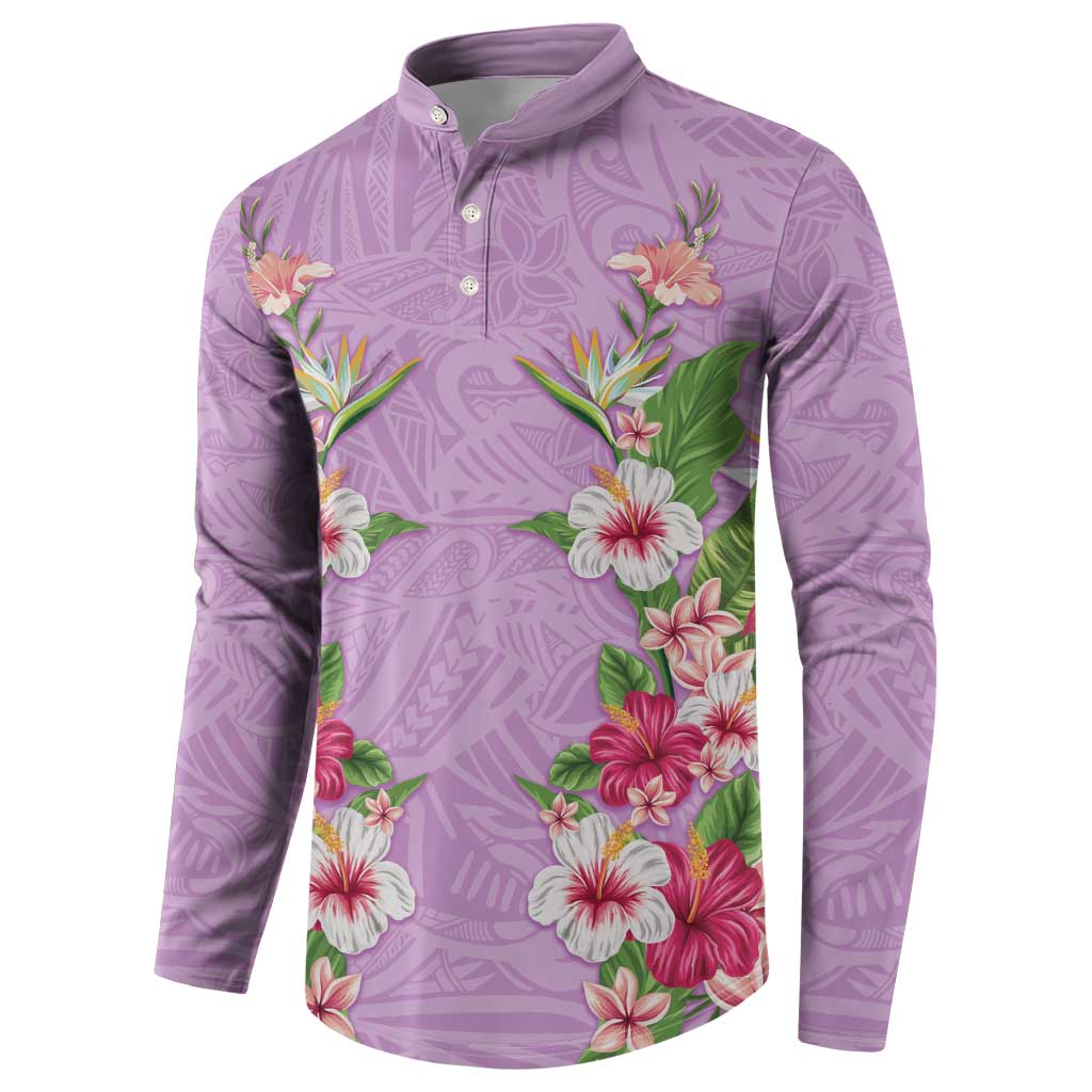 Hawaii Tropical Flowers Button Sweatshirt Lavender Polynesian Tattoo Art