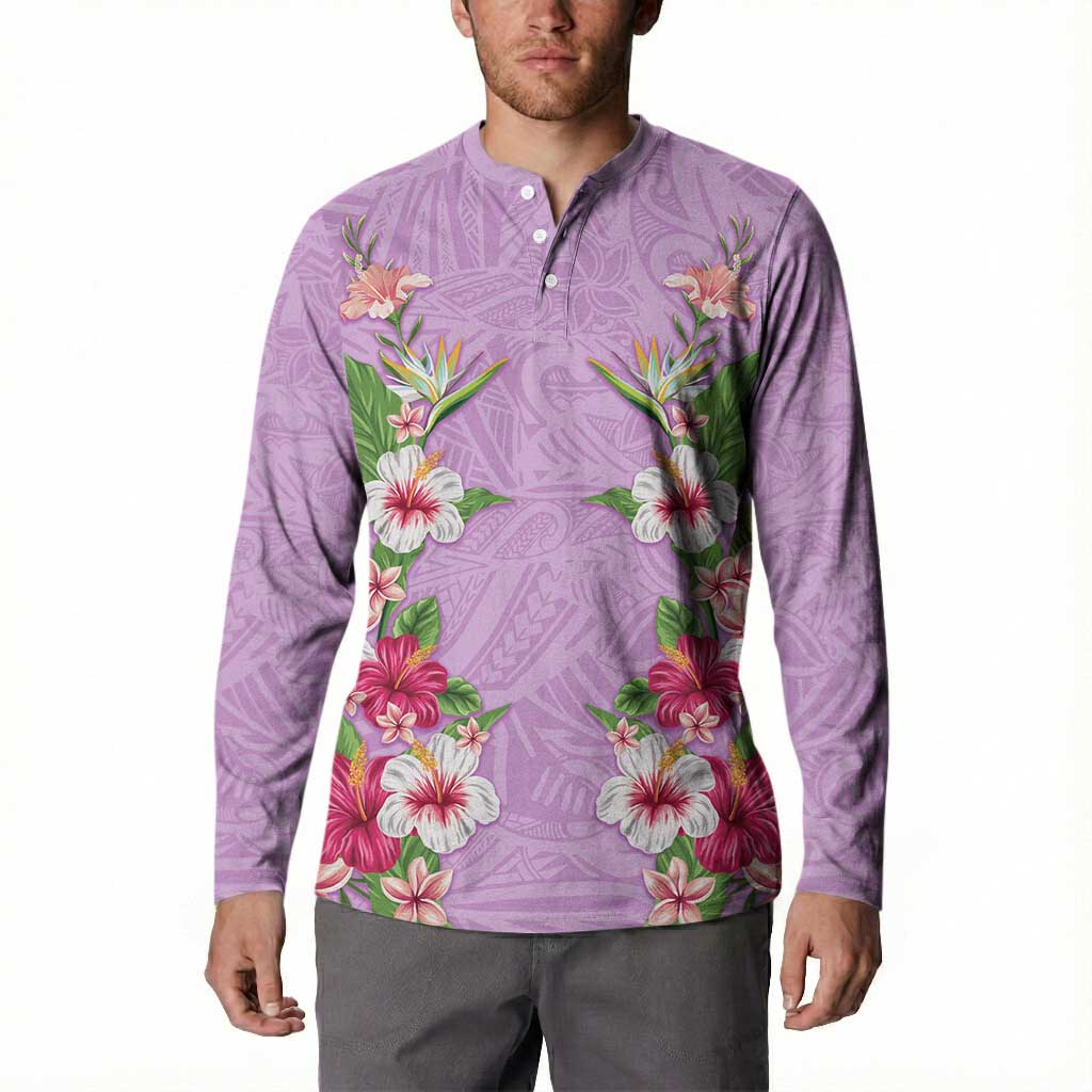 Hawaii Tropical Flowers Button Sweatshirt Lavender Polynesian Tattoo Art