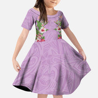 Hawaii Tropical Flowers Family Matching Off The Shoulder Long Sleeve Dress and Hawaiian Shirt Lavender Polynesian Tattoo Art LT05 Daughter's Dress Lavender - Polynesian Pride