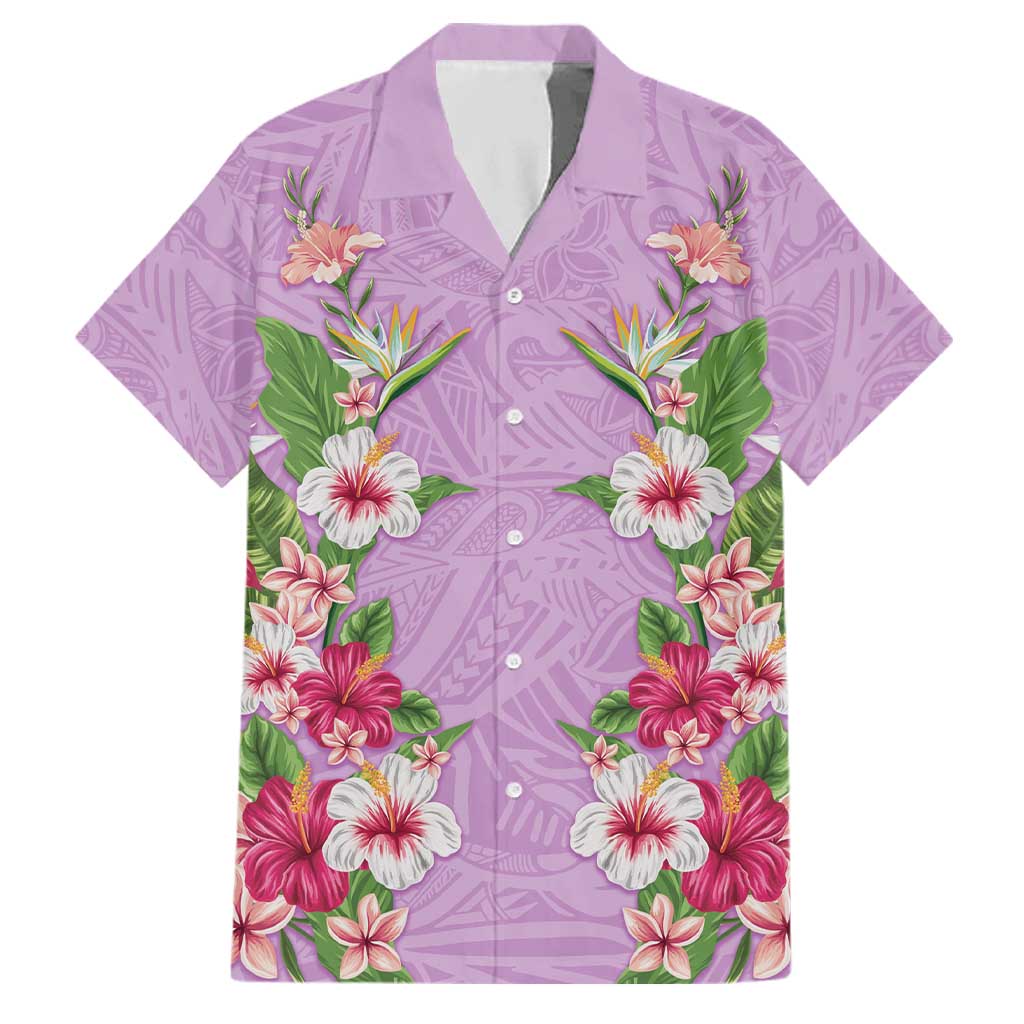 Hawaii Tropical Flowers Family Matching Off The Shoulder Long Sleeve Dress and Hawaiian Shirt Lavender Polynesian Tattoo Art LT05 Dad's Shirt - Short Sleeve Lavender - Polynesian Pride