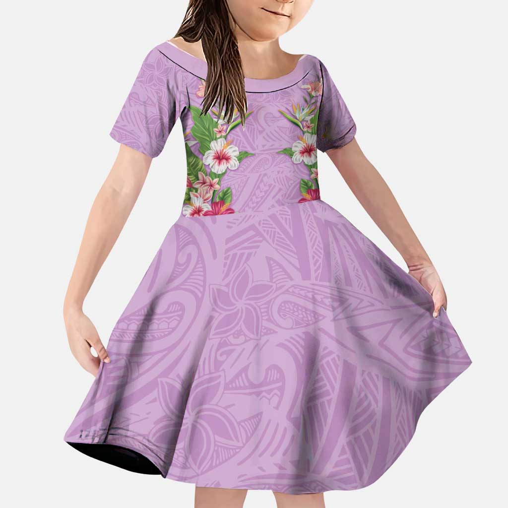 Hawaii Tropical Flowers Family Matching Puletasi and Hawaiian Shirt Lavender Polynesian Tattoo Art LT05 Daughter's Dress Lavender - Polynesian Pride