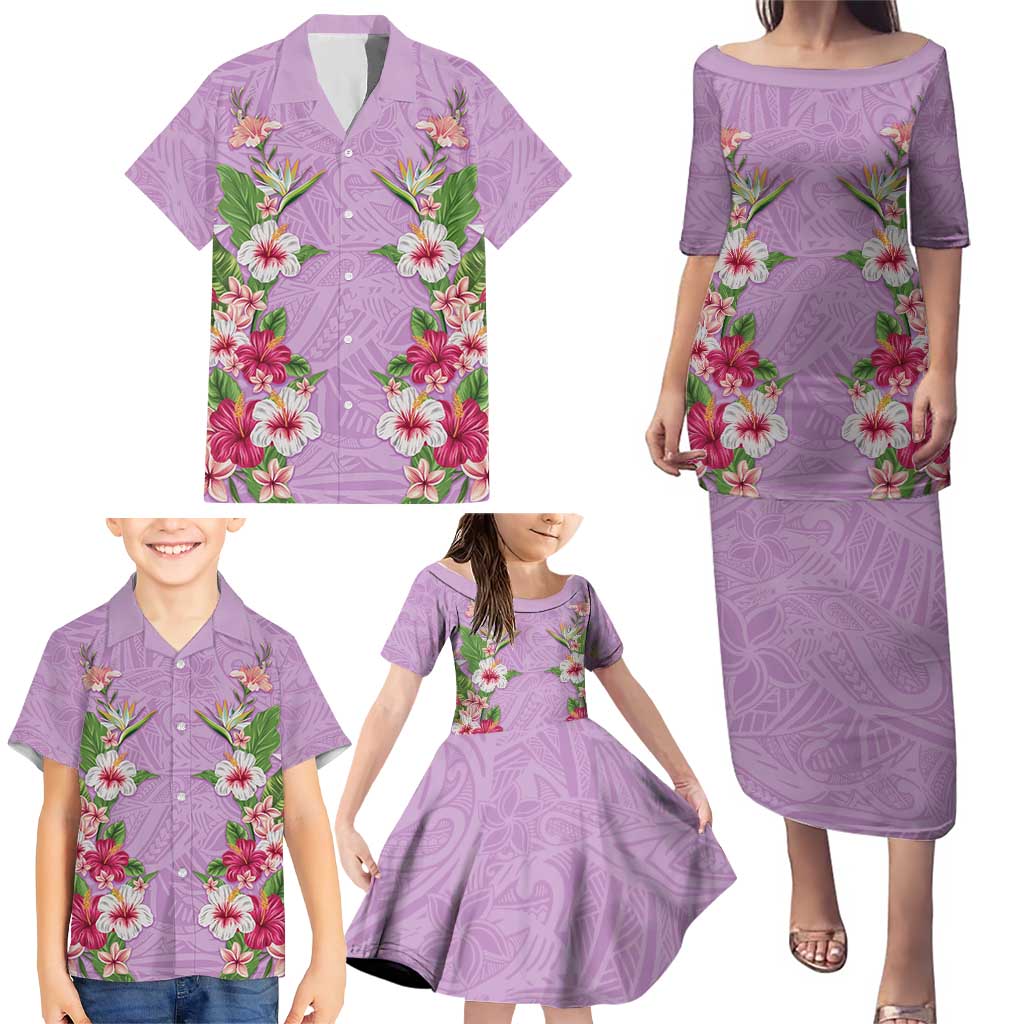 Hawaii Tropical Flowers Family Matching Puletasi and Hawaiian Shirt Lavender Polynesian Tattoo Art
