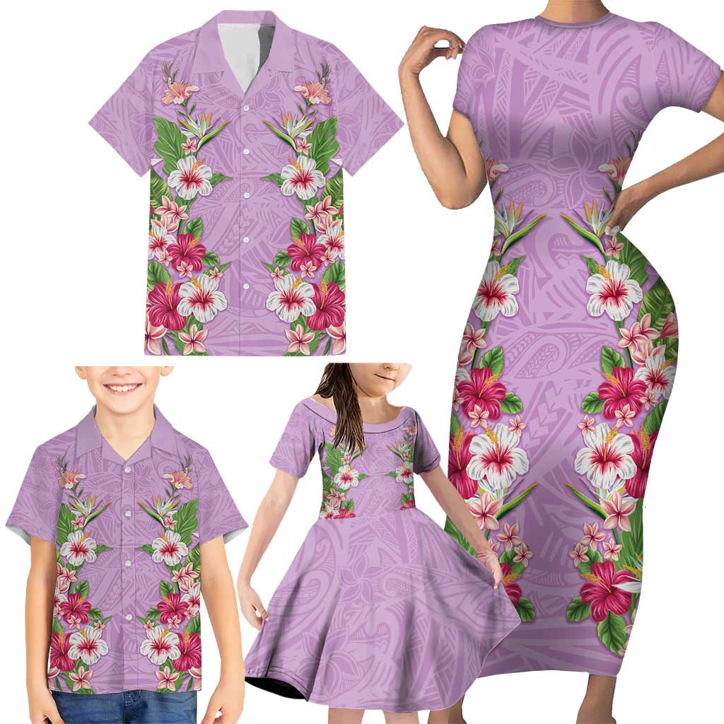 Hawaii Tropical Flowers Family Matching Short Sleeve Bodycon Dress and Hawaiian Shirt Lavender Polynesian Tattoo Art