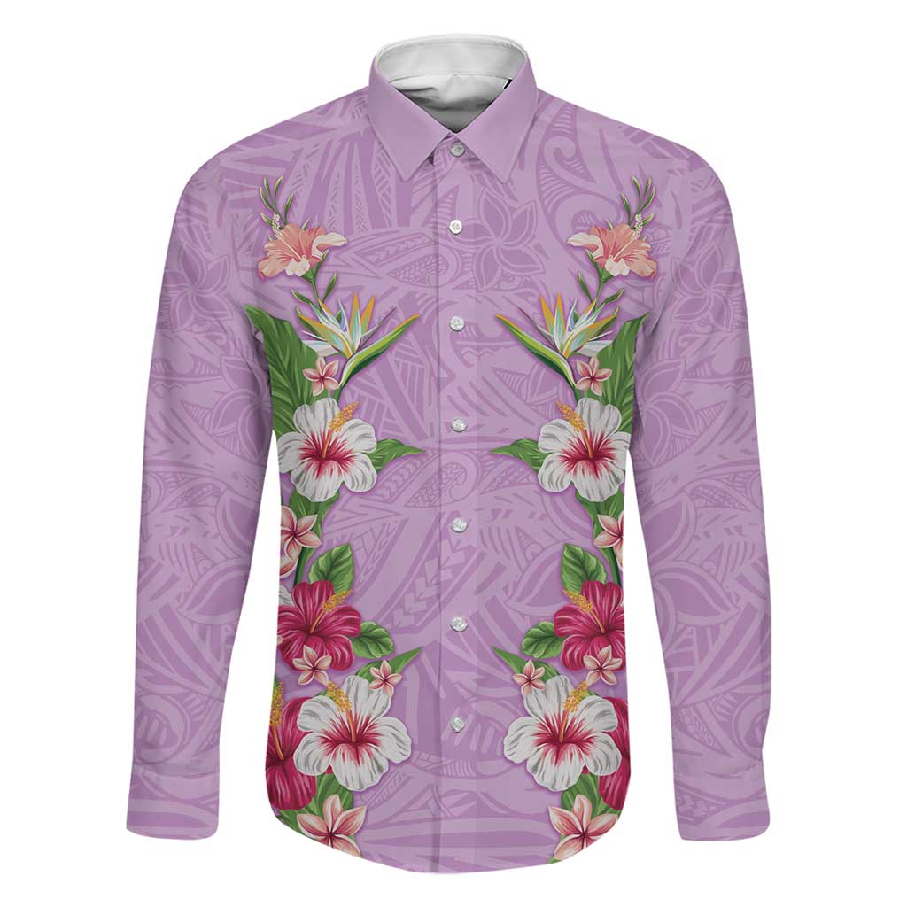 Hawaii Tropical Flowers Family Matching Short Sleeve Bodycon Dress and Hawaiian Shirt Lavender Polynesian Tattoo Art LT05 Dad's Shirt - Long Sleeve Lavender - Polynesian Pride