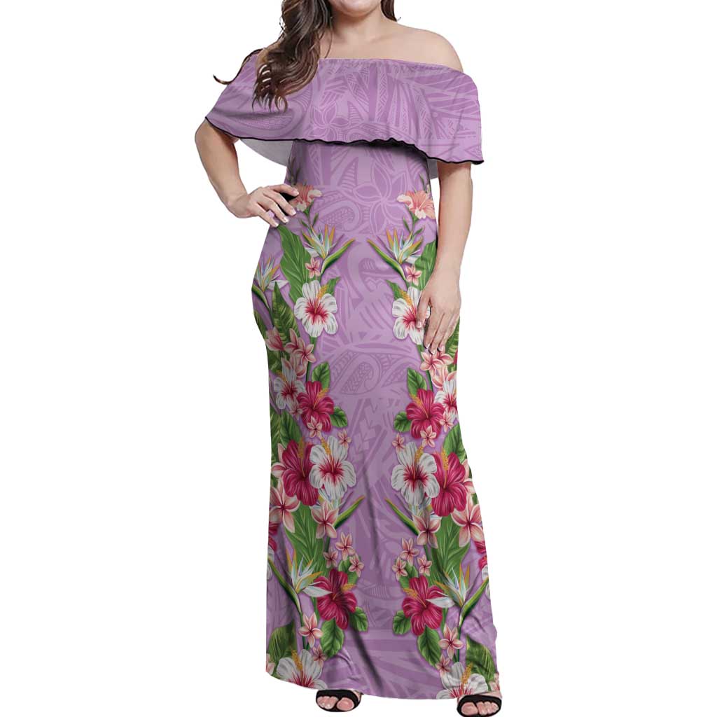 Hawaii Tropical Flowers Off Shoulder Maxi Dress Lavender Polynesian Tattoo Art LT05 Women Lavender - Polynesian Pride