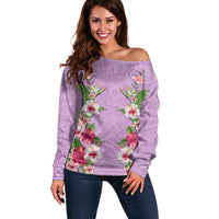 Hawaii Tropical Flowers Off Shoulder Sweater Lavender Polynesian Tattoo Art LT05 Women Lavender - Polynesian Pride