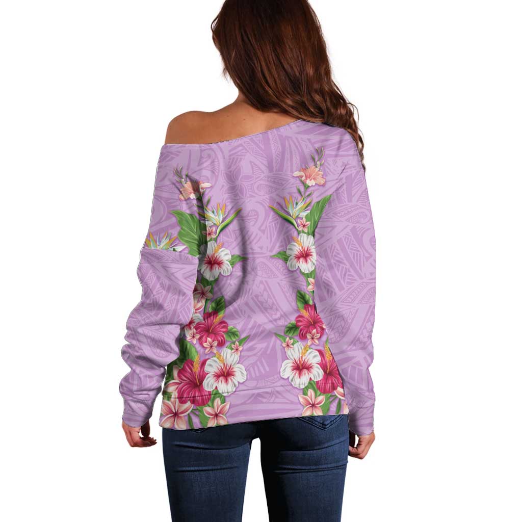 Hawaii Tropical Flowers Off Shoulder Sweater Lavender Polynesian Tattoo Art LT05 - Polynesian Pride