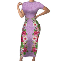 Hawaii Tropical Flowers Short Sleeve Bodycon Dress Lavender Polynesian Tattoo Art LT05 Long Dress Lavender - Polynesian Pride