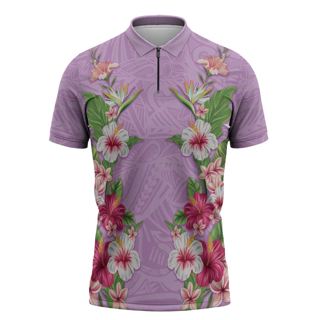 Hawaii Tropical Flowers Zipper Polo Shirt Lavender Polynesian Tattoo Art