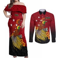 Personalized Papua New Guinea Couples Matching Off Shoulder Maxi Dress and Long Sleeve Button Shirts Bird Of Paradise Hibiscus With Motuan Pattern LT05 Red - Polynesian Pride