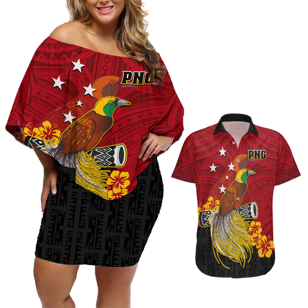 Personalized Papua New Guinea Couples Matching Off Shoulder Short Dress and Hawaiian Shirt Bird Of Paradise Hibiscus With Motuan Pattern LT05 Red - Polynesian Pride