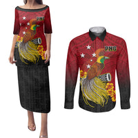 Personalized Papua New Guinea Couples Matching Puletasi Dress and Long Sleeve Button Shirts Bird Of Paradise Hibiscus With Motuan Pattern LT05 Red - Polynesian Pride