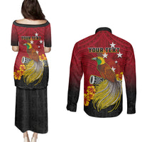 Personalized Papua New Guinea Couples Matching Puletasi Dress and Long Sleeve Button Shirts Bird Of Paradise Hibiscus With Motuan Pattern LT05 - Polynesian Pride