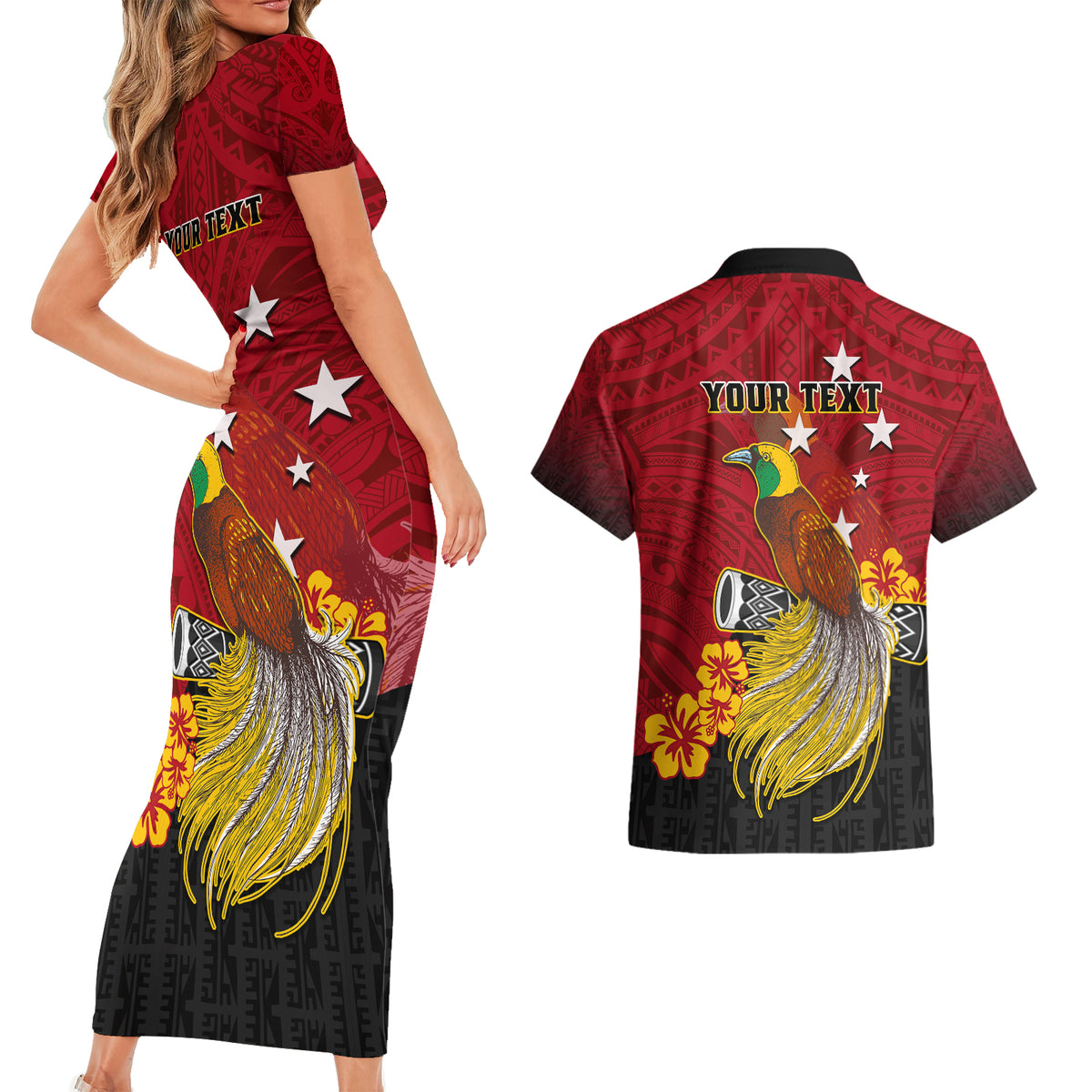 Personalized Papua New Guinea Couples Matching Short Sleeve Bodycon Dress and Hawaiian Shirt Bird Of Paradise Hibiscus With Motuan Pattern LT05 - Polynesian Pride