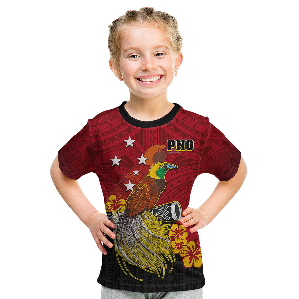 Personalized Papua New Guinea Kid T Shirt Bird Of Paradise Hibiscus With Motuan Pattern LT05 Red - Polynesian Pride