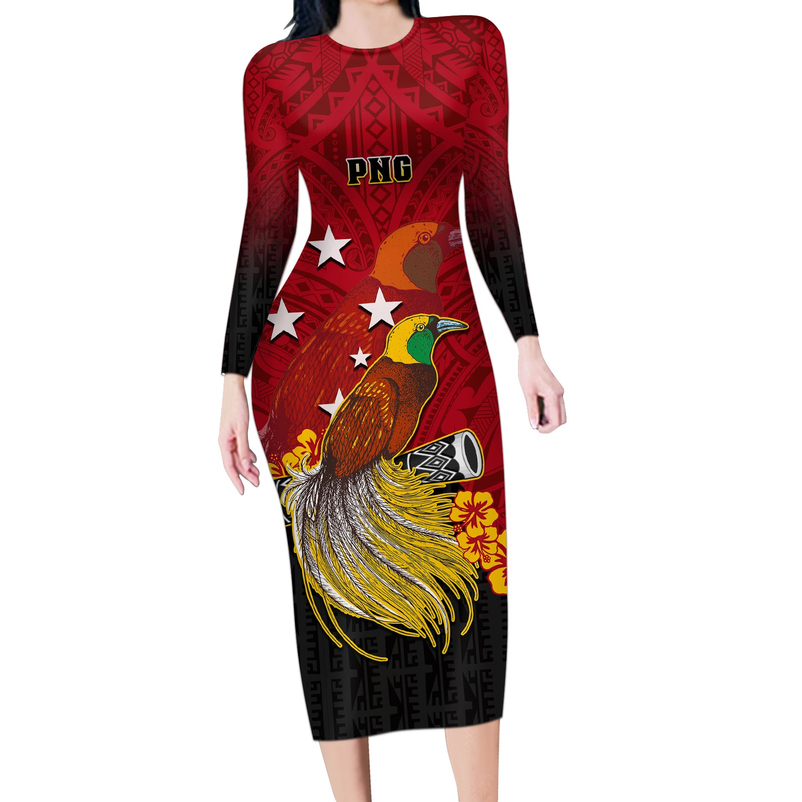 Personalized Papua New Guinea Long Sleeve Bodycon Dress Bird Of Paradise Hibiscus With Motuan Pattern LT05 Long Dress Red - Polynesian Pride