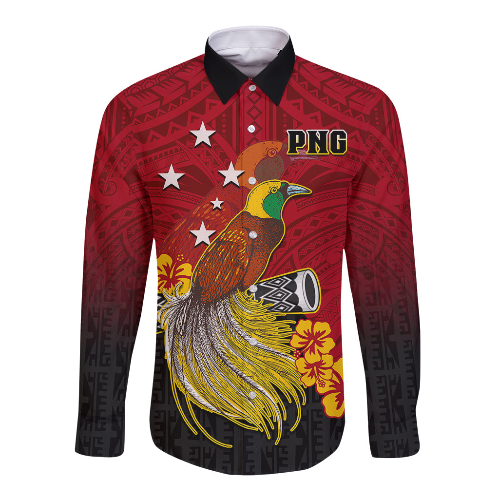 Personalized Papua New Guinea Long Sleeve Button Shirt Bird Of Paradise Hibiscus With Motuan Pattern LT05 Unisex Red - Polynesian Pride