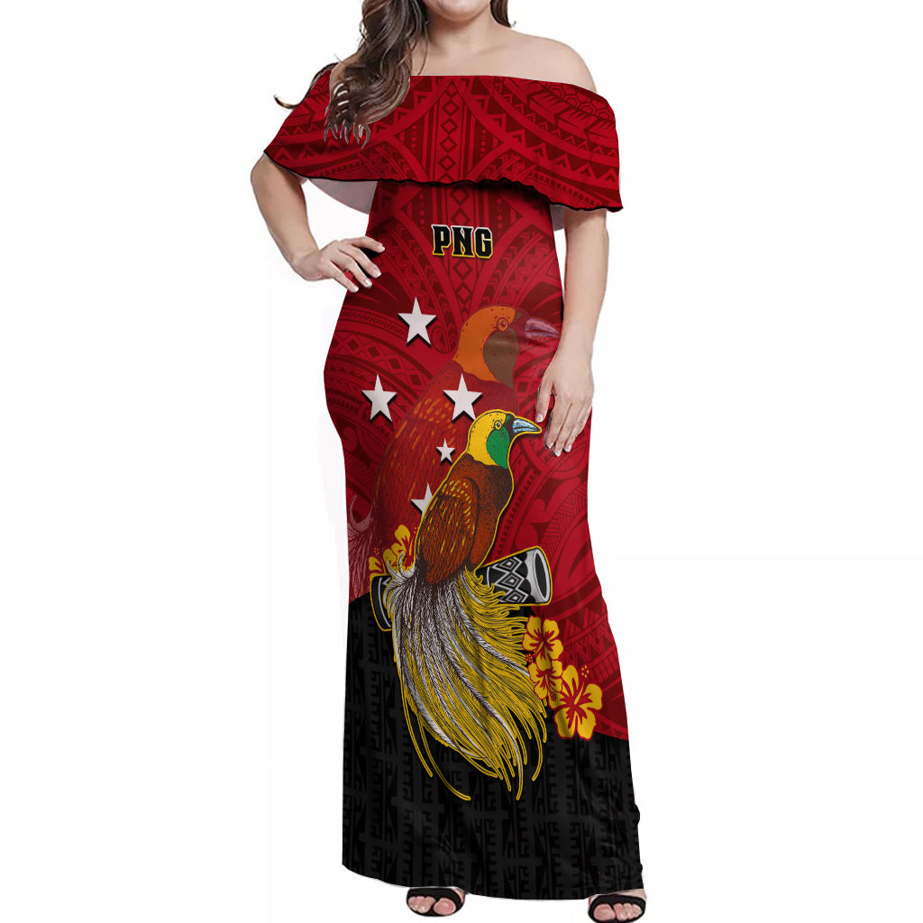 Personalized Papua New Guinea Off Shoulder Maxi Dress Bird Of Paradise Hibiscus With Motuan Pattern LT05 Women Red - Polynesian Pride