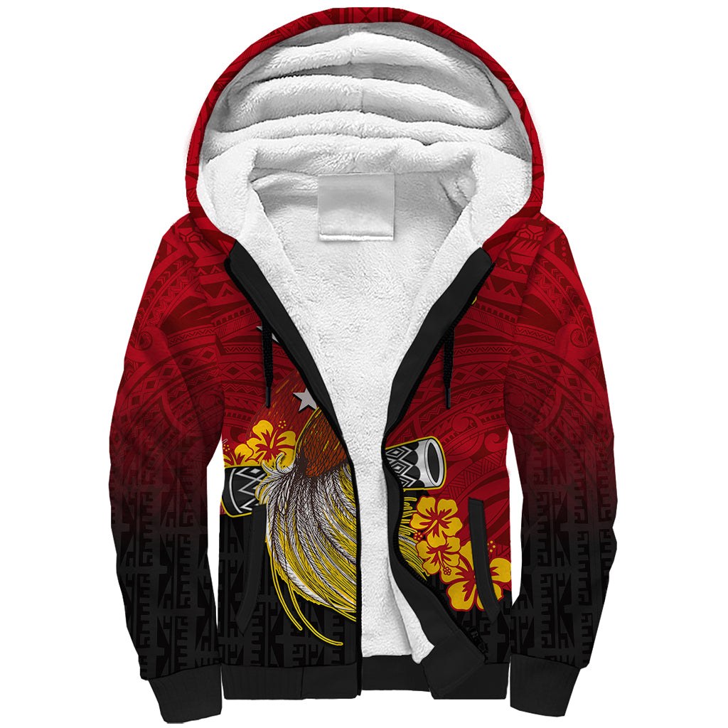Personalized Papua New Guinea Sherpa Hoodie Bird Of Paradise Hibiscus With Motuan Pattern LT05 Unisex Red - Polynesian Pride