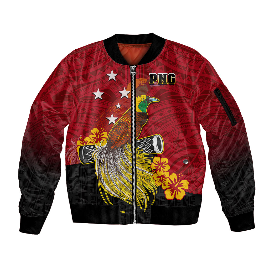 Personalized Papua New Guinea Sleeve Zip Bomber Jacket Bird Of Paradise Hibiscus With Motuan Pattern LT05 Unisex Red - Polynesian Pride