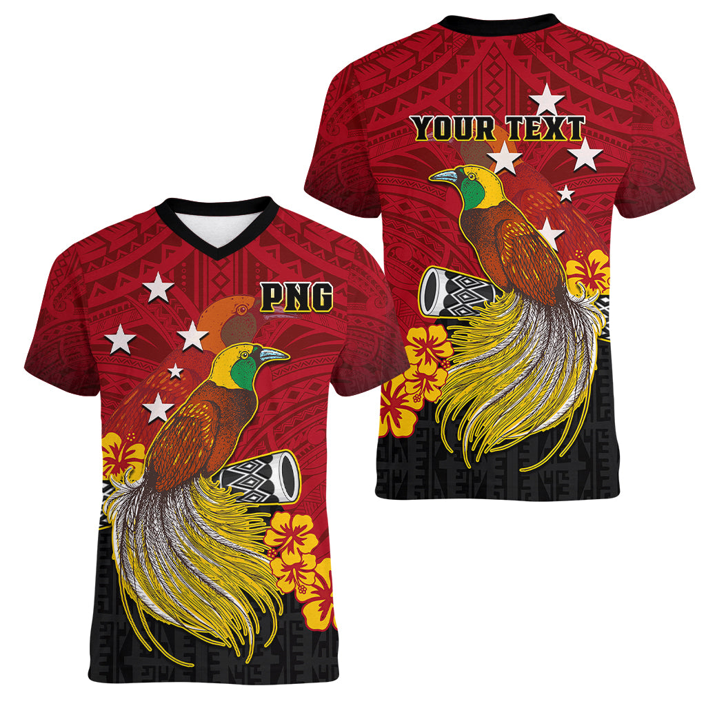 Personalized Papua New Guinea Women V Neck T Shirt Bird Of Paradise Hibiscus With Motuan Pattern LT05 - Polynesian Pride
