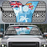 Fiji Day 2026 Auto Sun Shade Masi Tapa Pattern With Palm Tree LT05 Blue - Polynesian Pride